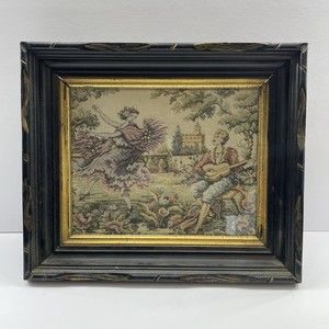 Vtg. AMAZING Wood Framed Tapestry Of Man & Woman Dancing In Garden Wall Decor